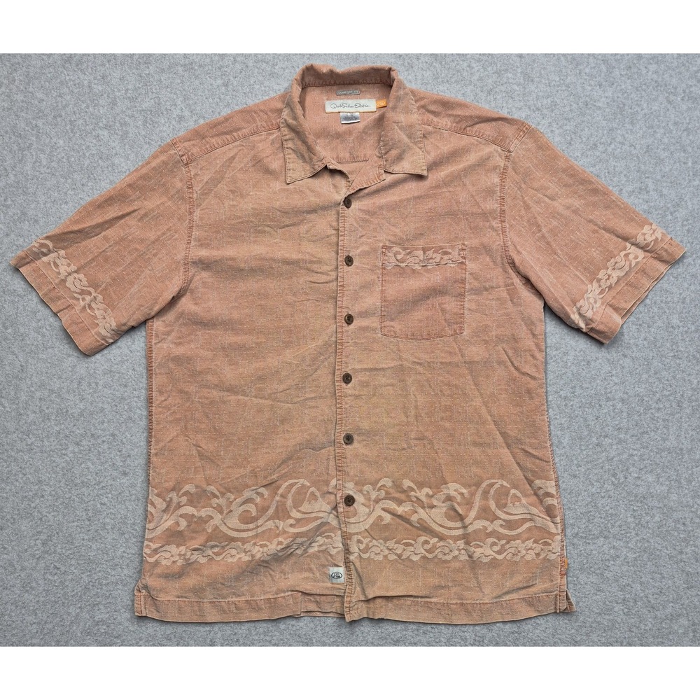 Quiksilver Edition Shirt Mens S Peach Silk Button Up Embroidered Short Sleeve